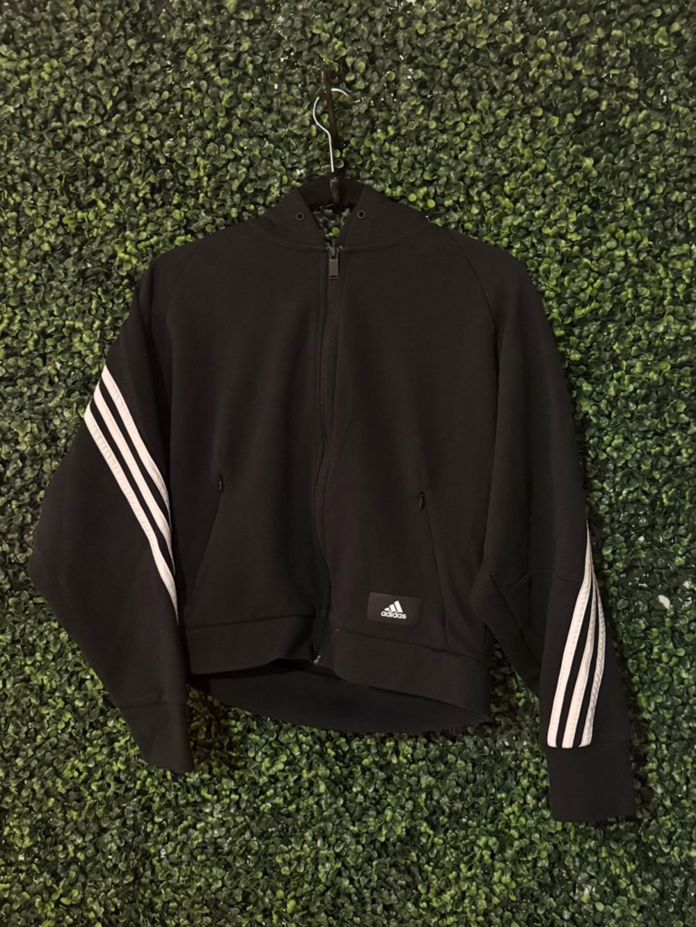 Adidas Oversized Cropped Zip Jacket (Black w/ White Stripes)